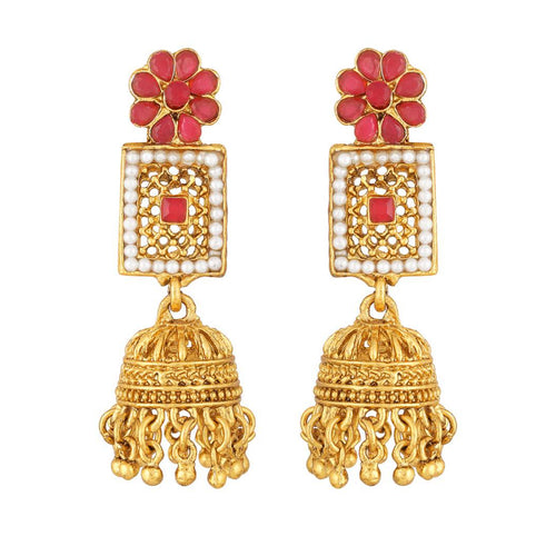 Antique Gold Ruby Floral Long Necklace Set, Traditional Jhumka Earrings | South Indian Temple Jewelry, Traditional Indian Wedding Jewelry (Set of 2)