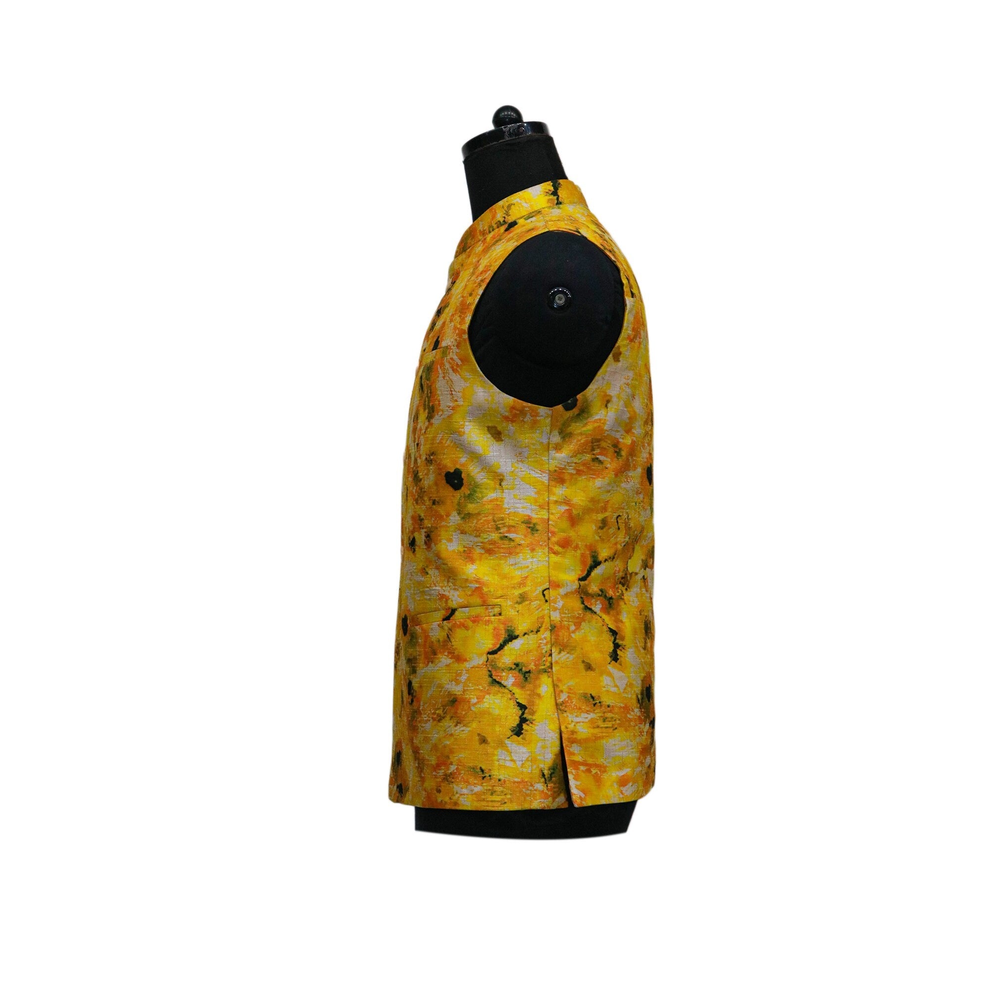 Yellow floral handmade Nehru jacket, side view on mannequin. Indian ethnic party wear and a perfect gift.