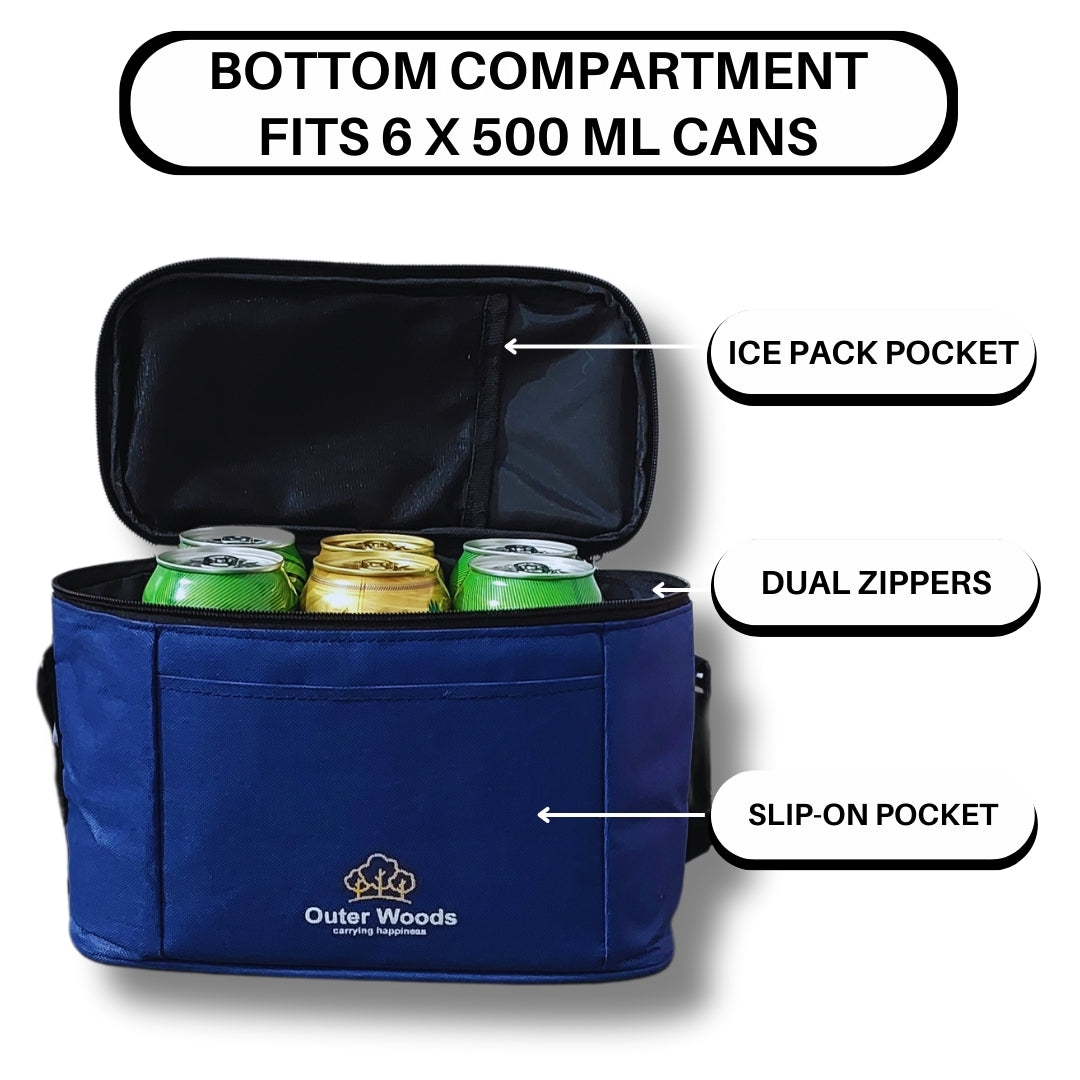 Outer Woods Insulated 6 Can Cooler Bag Dual Compartment| Fits 6 x 500ml Beer Cans & Snacks| Keeps Beer Cans Cool for up to 10 Hours | Ideal for Carrying Food, Beer, Soda, Juice and Milk