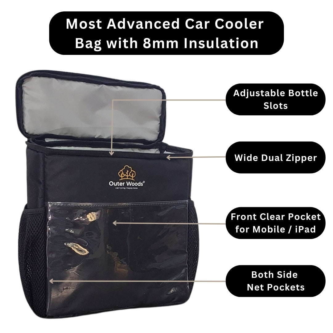 Outer Woods Car Cooler Bag with Adjustable Bottle Slots | Insulated Travel Bag for Cars & SUVs with Side Pockets & 6+ Hours Cooling