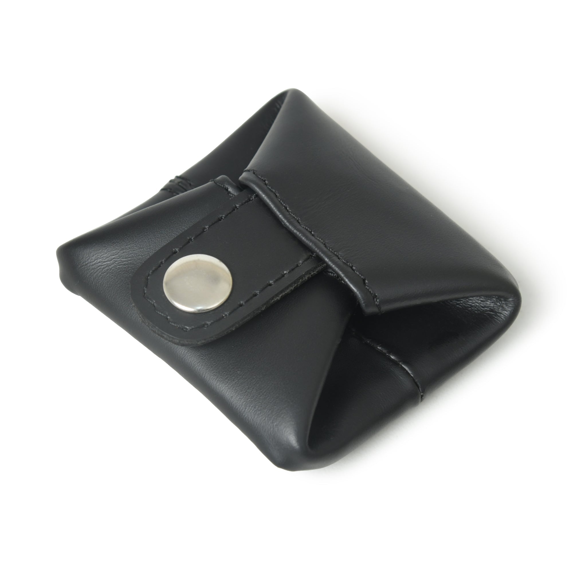 Sleek black leather coin pouch with a secure snap closure. Ideal for everyday use.