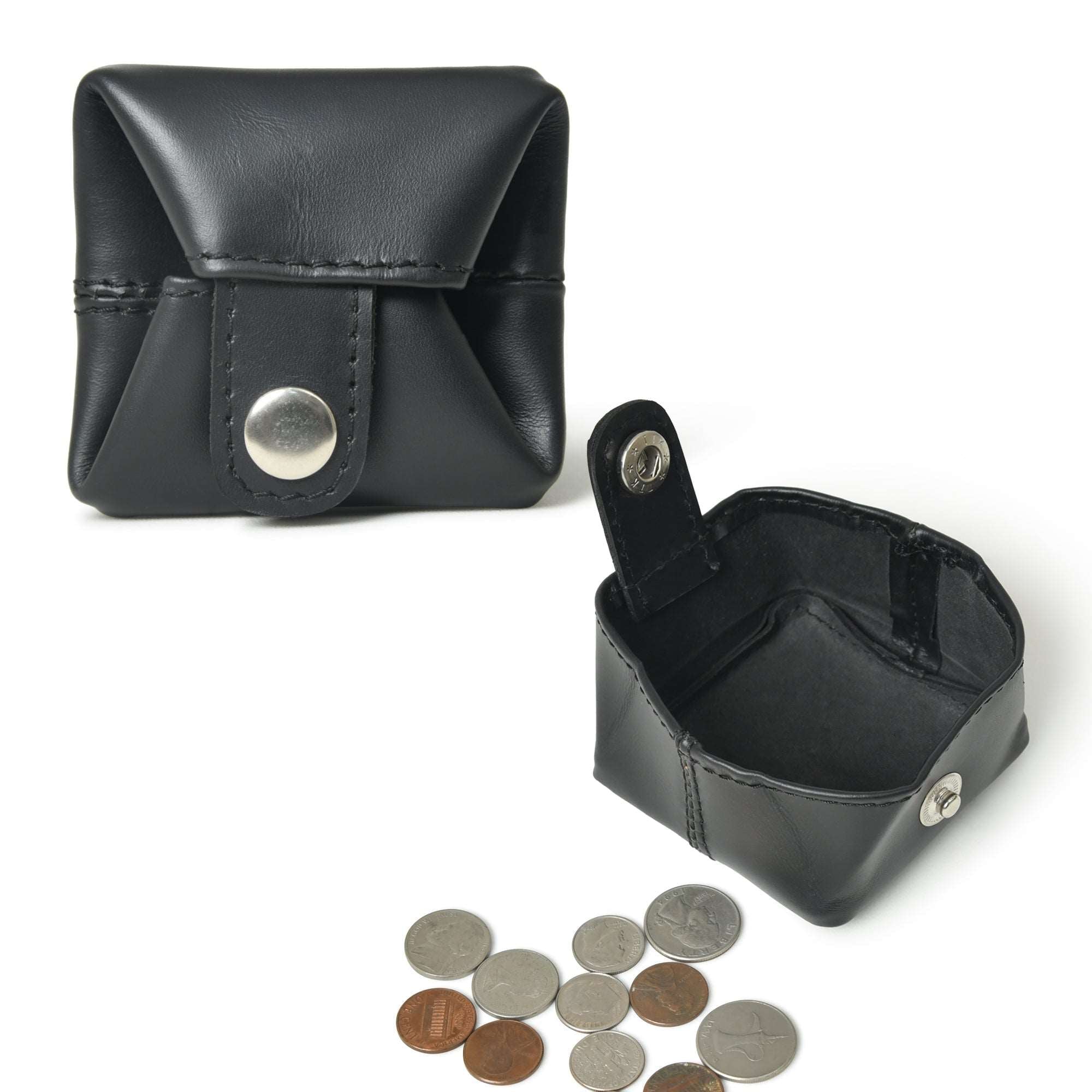 Black leather coin pouch with snap closure, shown both closed and open with coins spread nearby.