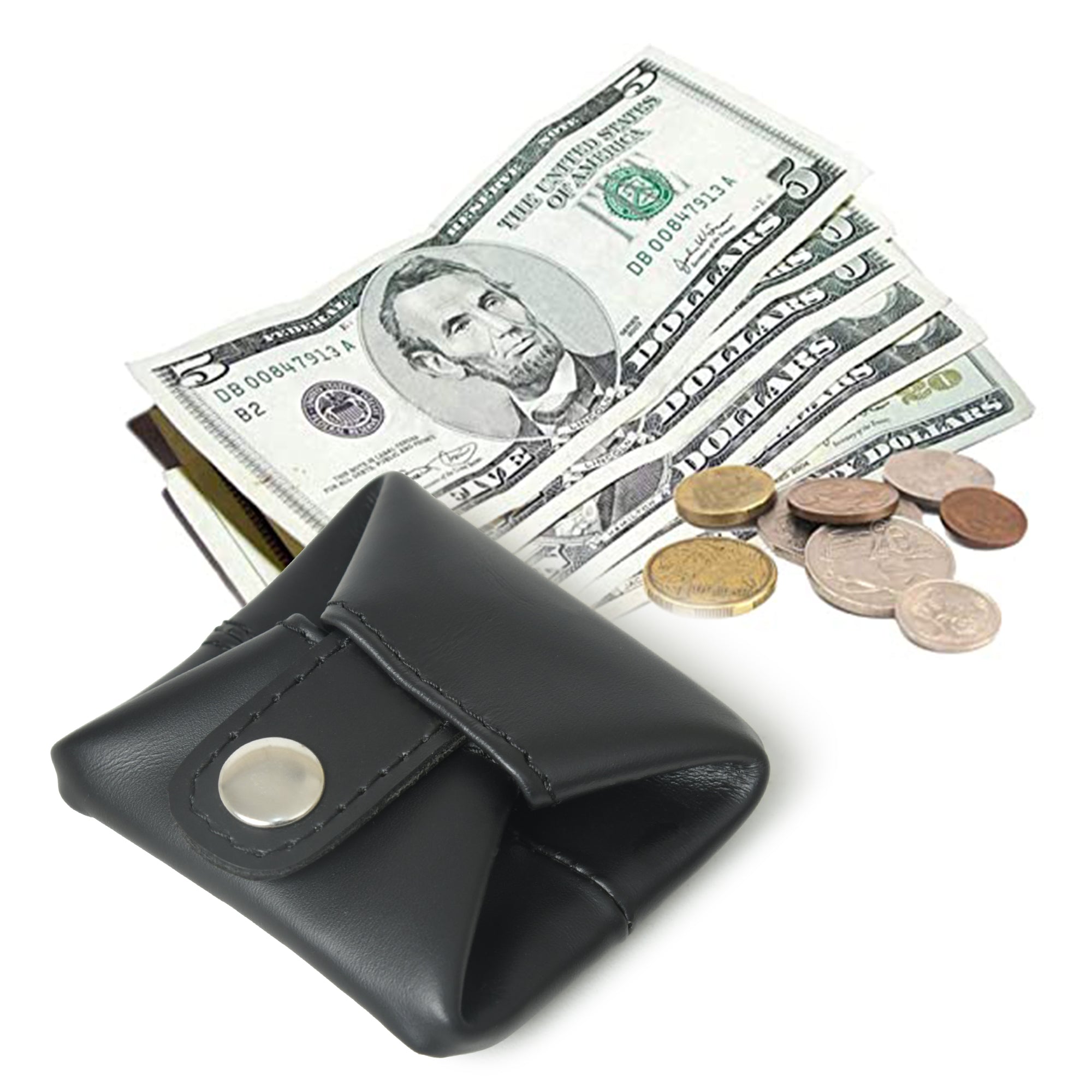 Black leather coin purse with snap closure, shown with cash and coins.