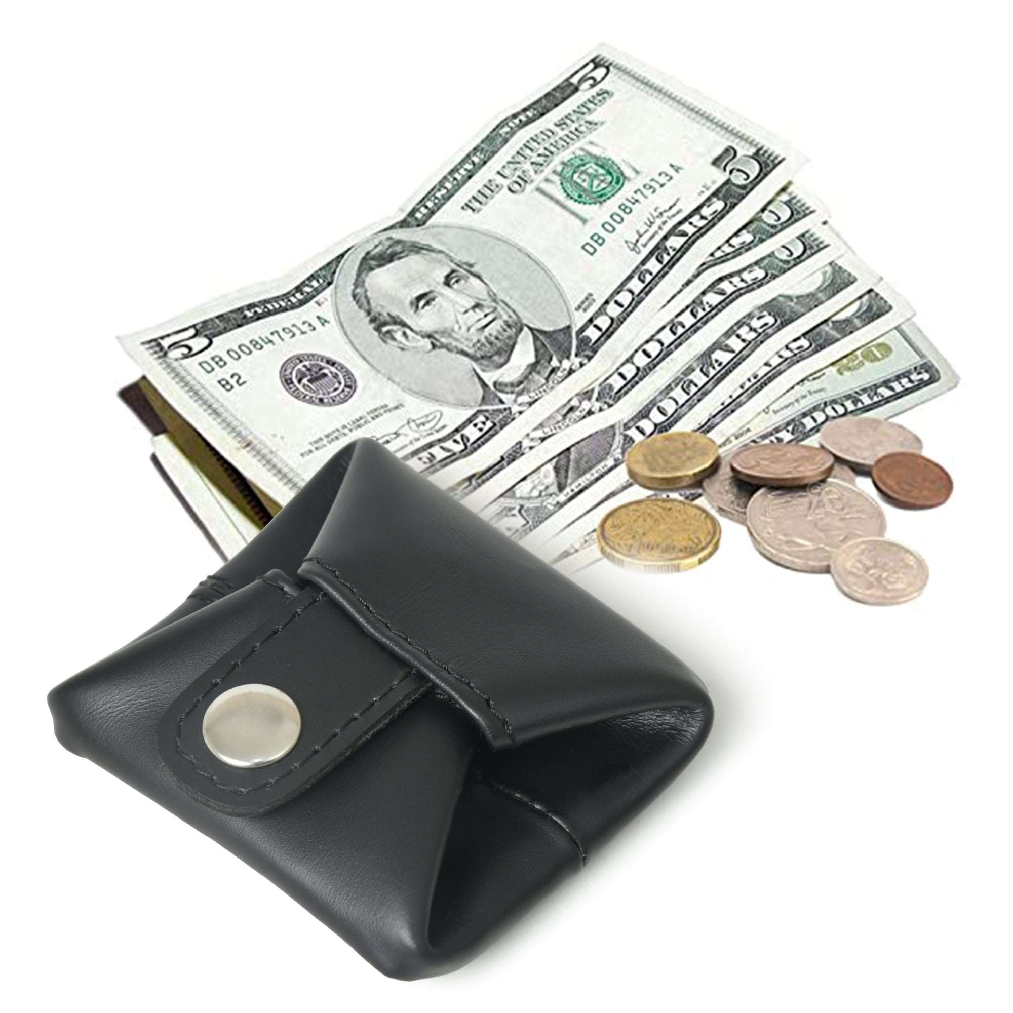 Black leather coin purse with snap closure, shown with coins and cash.