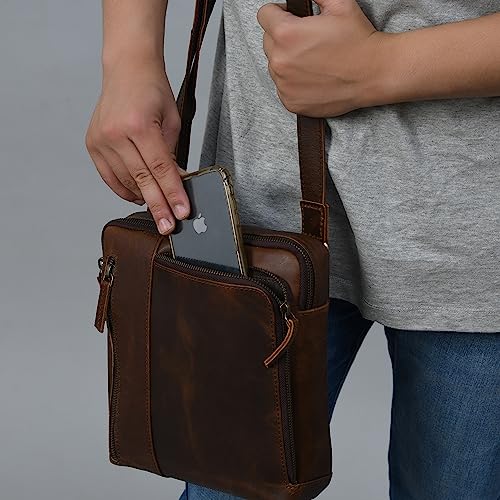 Mini-Umhängetasche aus hochwertigem Echtleder für Herren mit 4 Reißverschlusstaschen, verstellbarer Schnalle | Kleine Schultertasche für Büro und Reisen