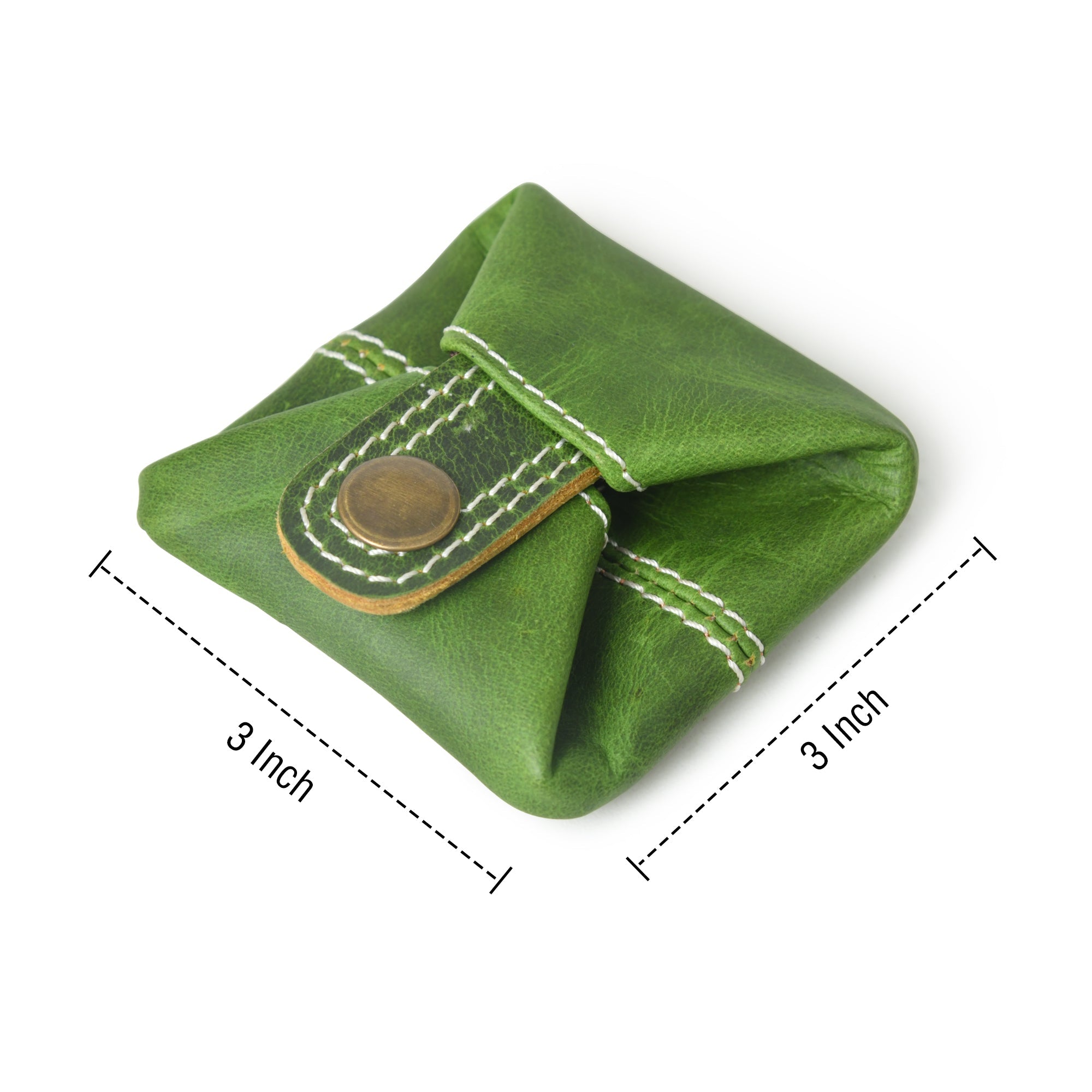 A green leather mini coin purse shown at a 45-degree angle. The purse is square shaped with white stitching and a brass button closure.