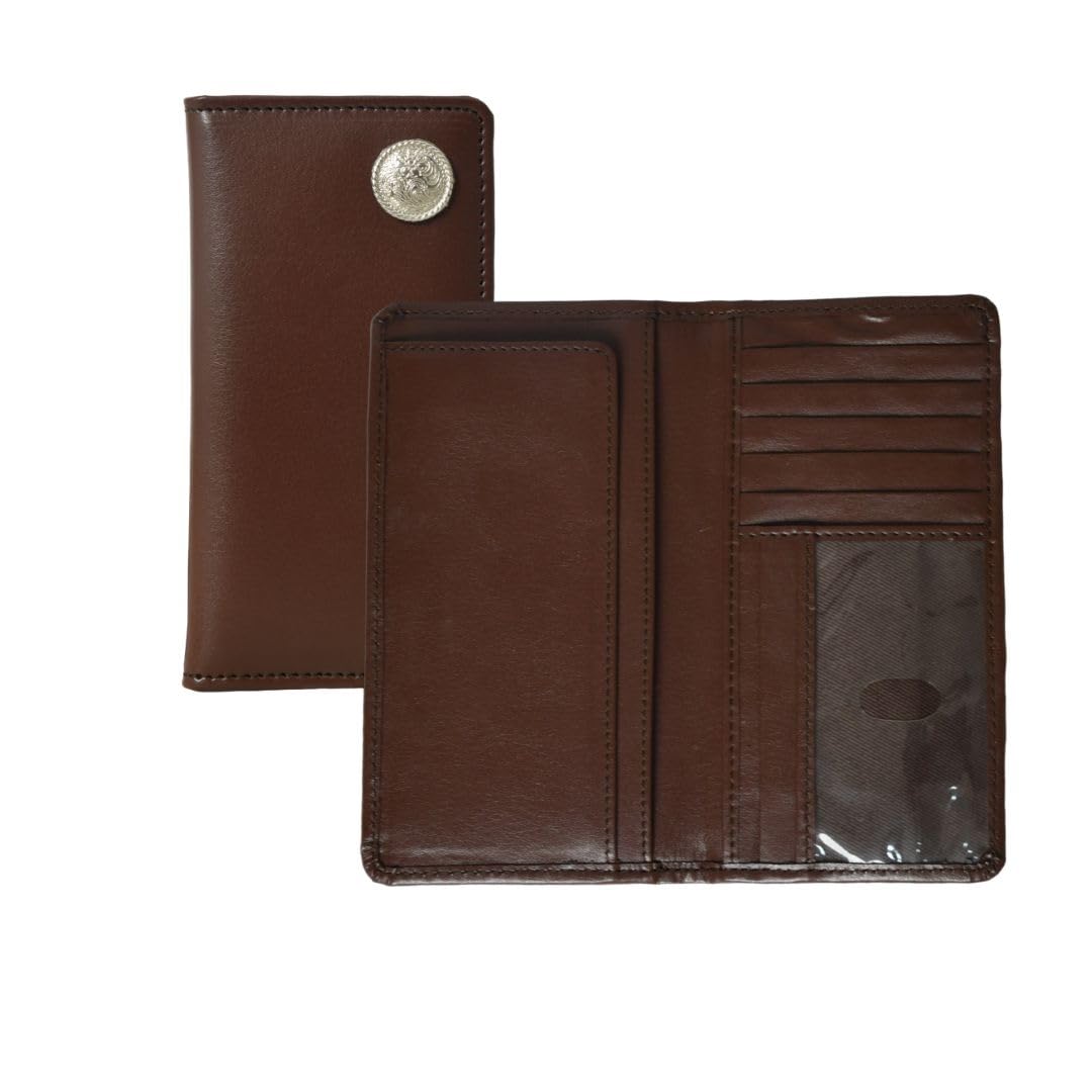 Brown leather bifold checkbook cover, open to display card slots, ID window, and full-length bill compartment.