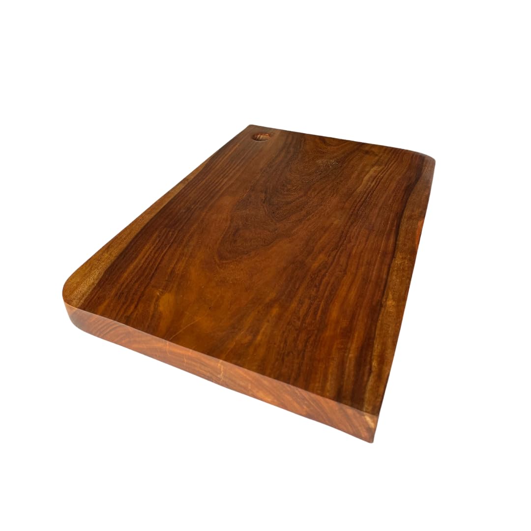 Sturdy, non-slip rectangular chopping board made of rich brown wood. Features a rounded corner and hole for hanging.