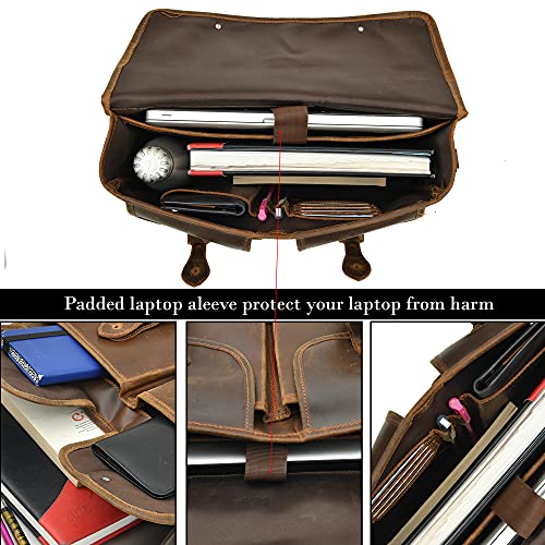 Classic handcrafted leather laptop bag, open and displaying a padded laptop sleeve, spacious interior, and adjustable shoulder strap. Fits laptops up to 15.5".