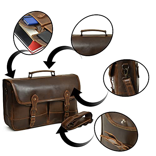 Classic, handcrafted leather laptop bag. Fits laptops up to 15.5 inches. Features multiple pockets, an adjustable shoulder strap, and sturdy handle.