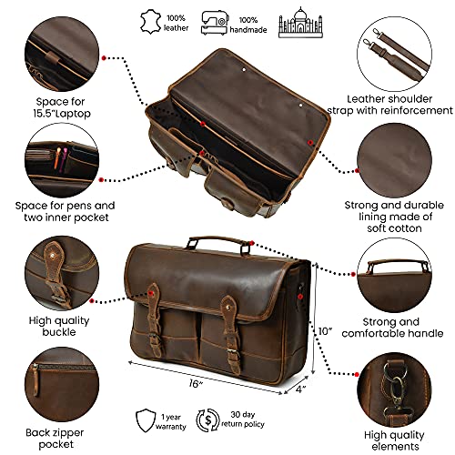 Classic brown leather laptop bag with multiple pockets and adjustable shoulder strap, open to show spacious interior. Fits 15.5" laptops.