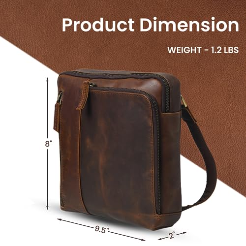 Stylish brown leather messenger bag for men with multiple zipper pockets, shown with dimensions for size reference.