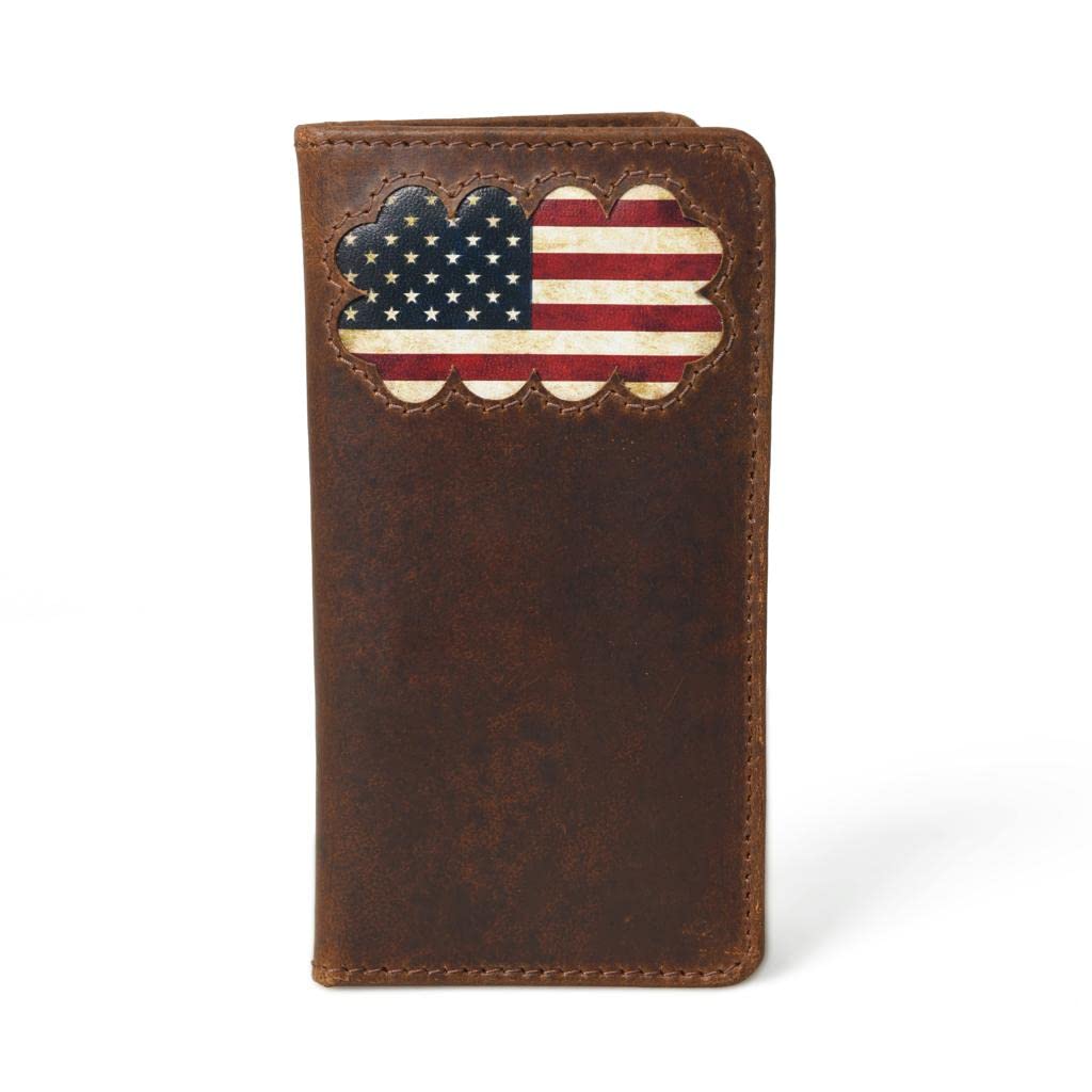 Brown leather checkbook cover with embossed American flag design.