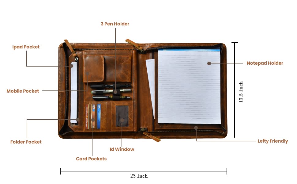 Open brown leather padfolio with notepad, pen holders, and multiple pockets for cards, mobile phone, and an iPad.