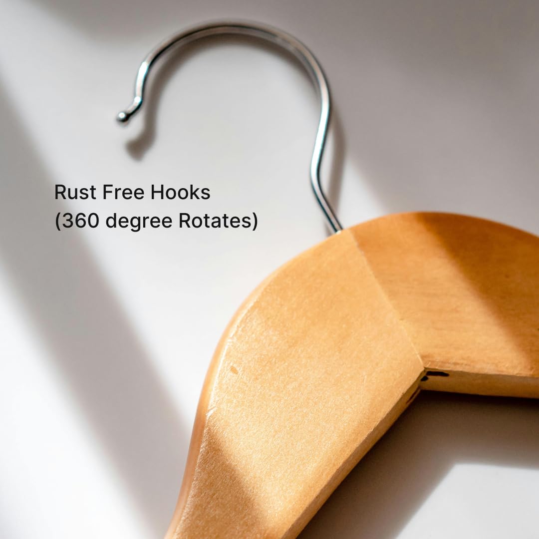 Wooden hanger set featuring a smooth, light-wood finish and rust-free hook with 360-degree rotation.