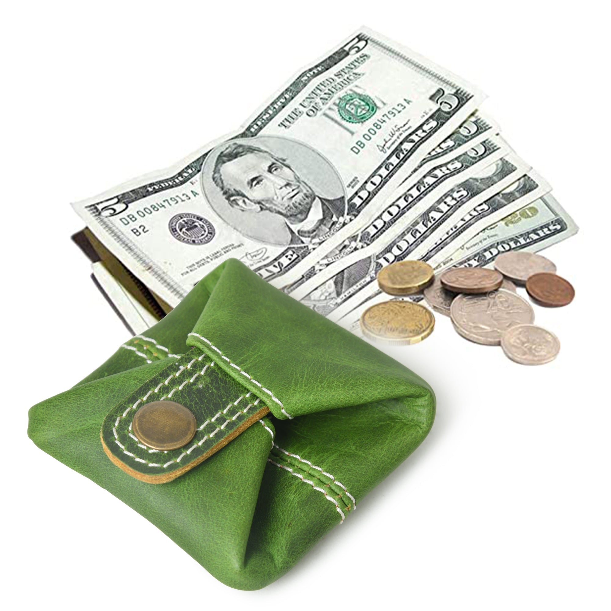 Green leather mini coin pouch with snap closure, shown holding cash and coins.