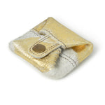 Gold and white leather coin pouch with a snap closure, shown on a white background.