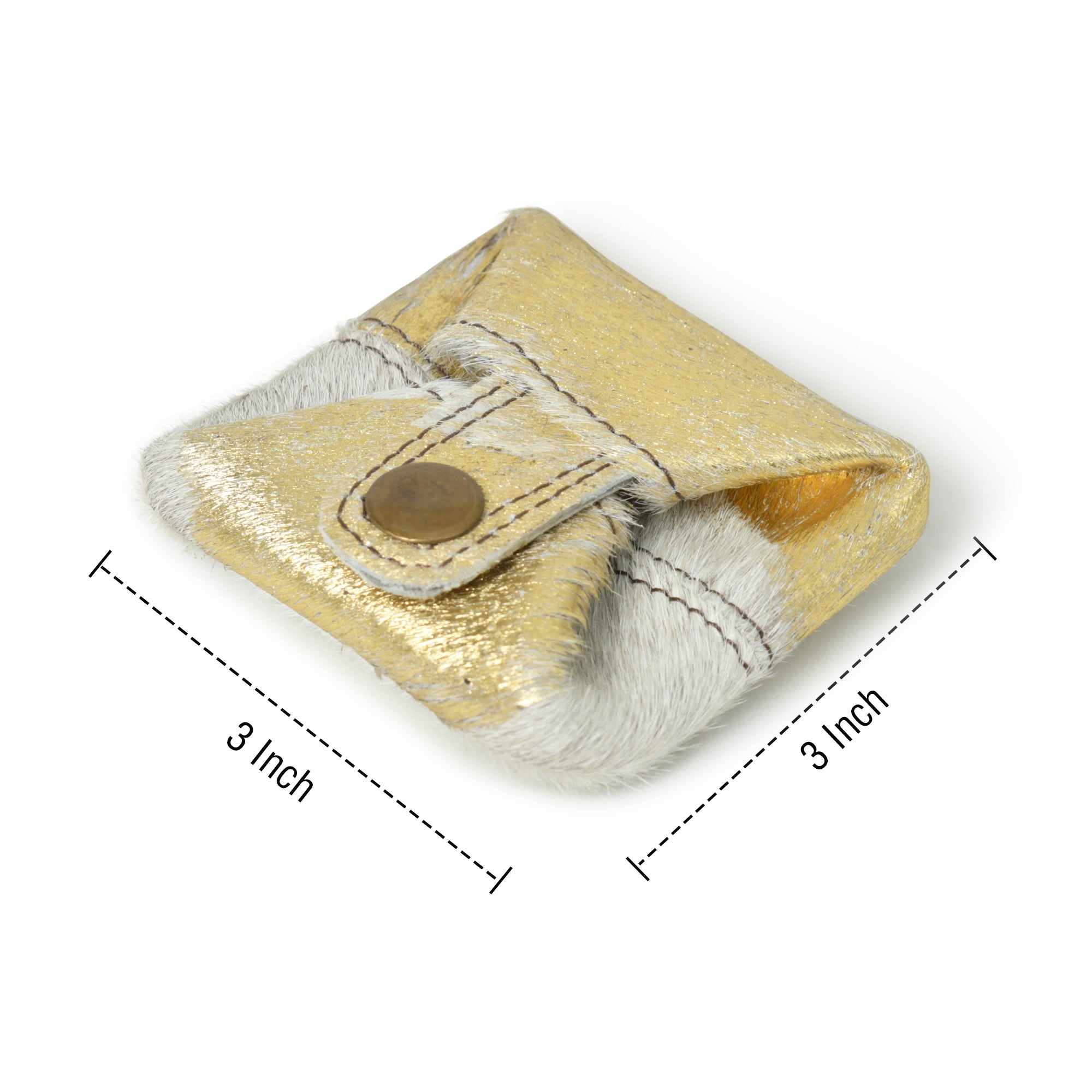 Two gold and white leather coin pouches, featuring a snap closure, lay side-by-side. Each pouch is 3 inches in length and width.