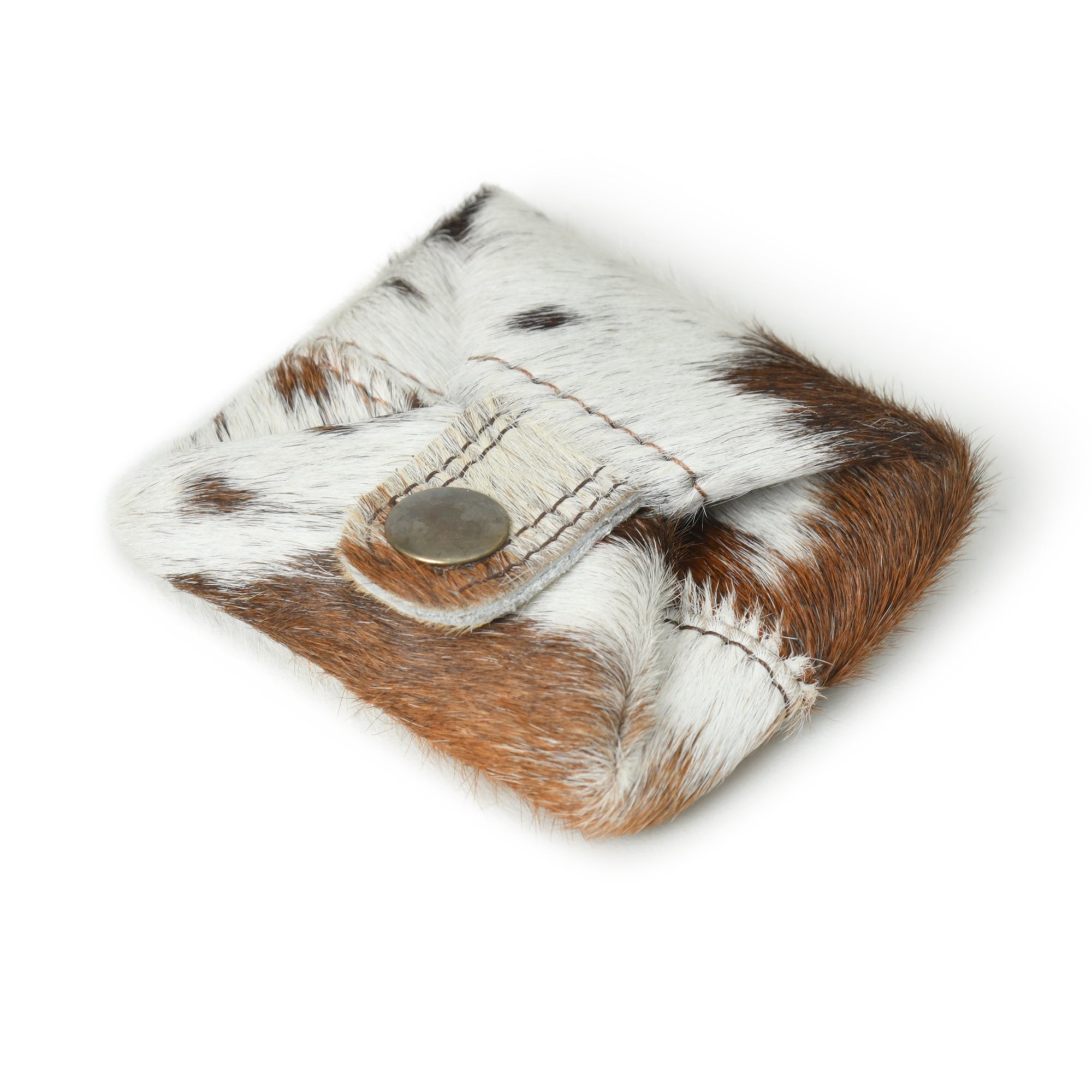 Stylish, brown and white cowhide leather mini coin purse with a snap closure, perfect for men and women. Comes in a pack of 2.