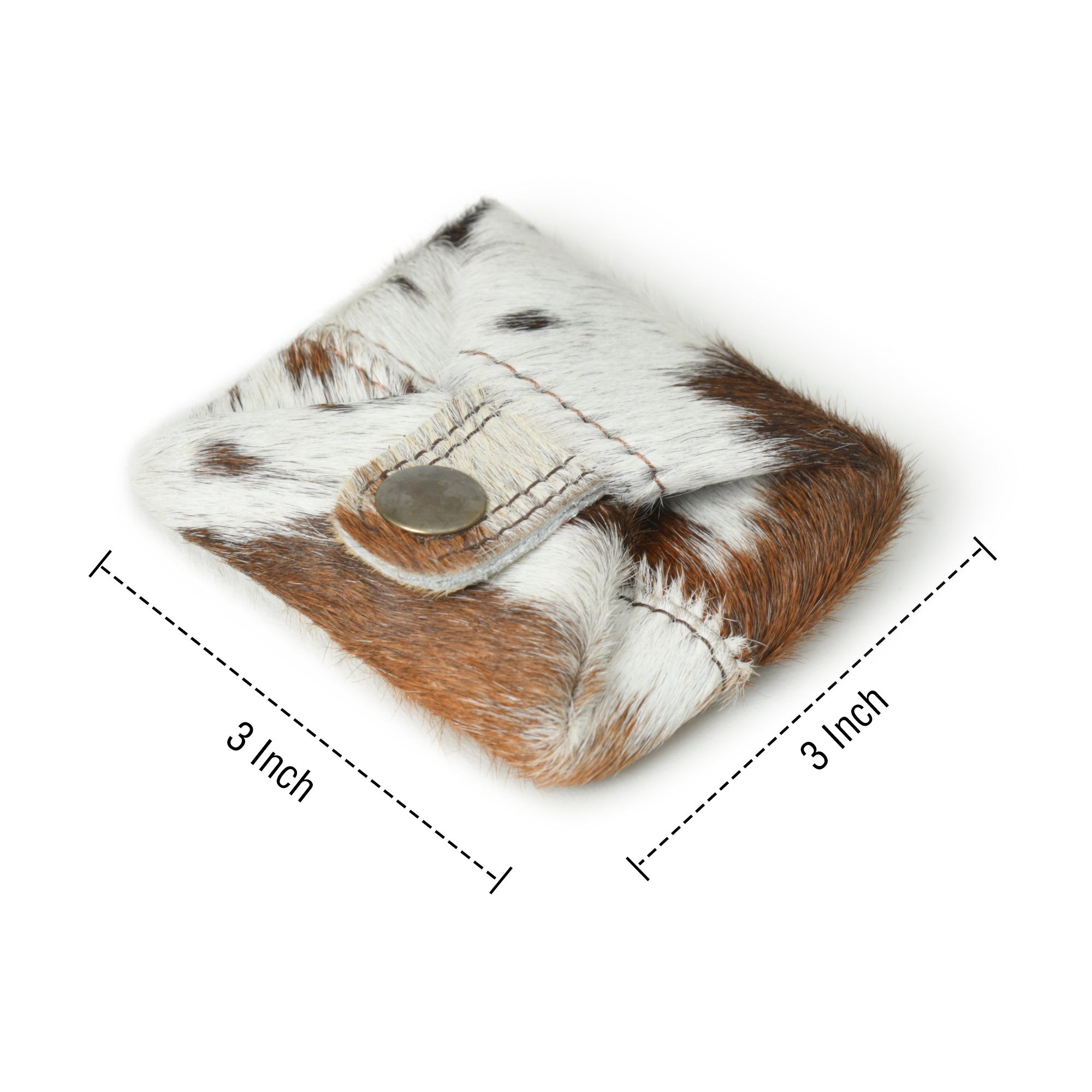 A stylish, top-grain leather mini coin wallet with a unique brown and white cowhide pattern. Perfect for men and women.