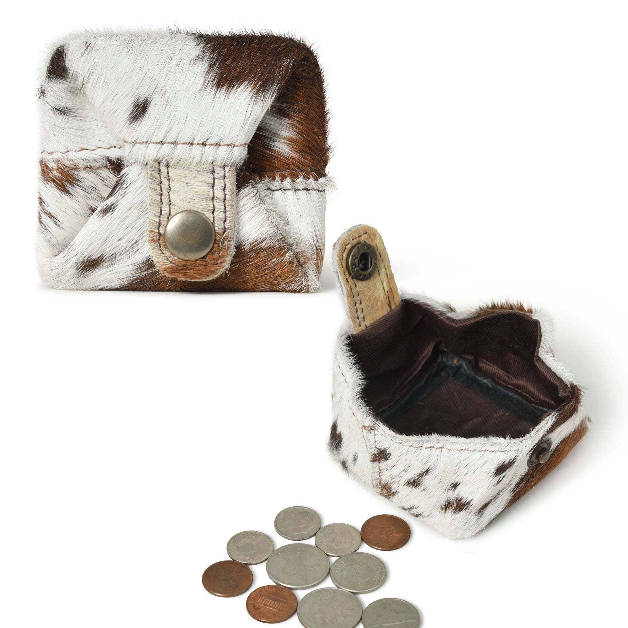 Set of two stylish, top-grain leather coin wallets with a brown and white cowhide pattern, shown open and holding coins.