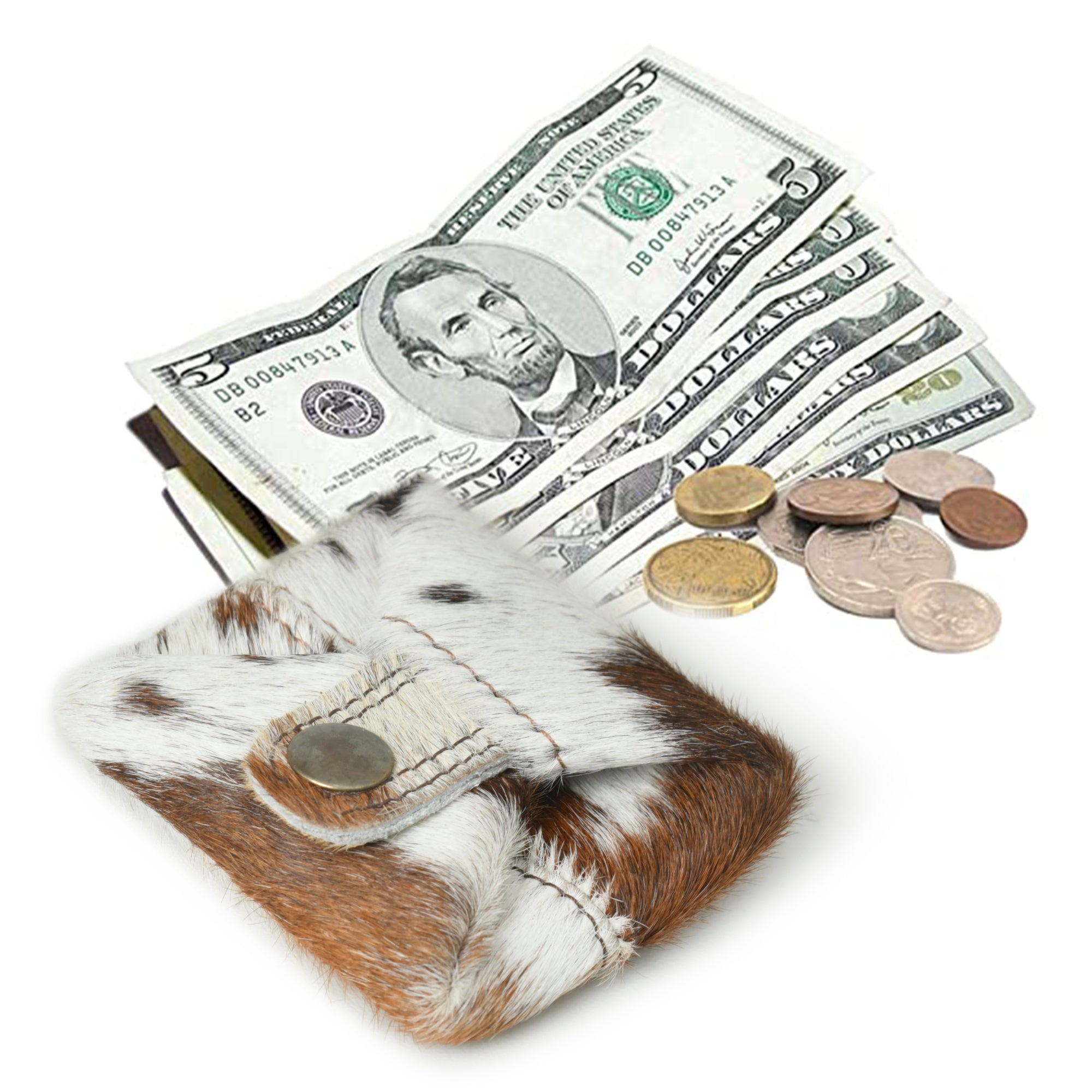 Stylish, top-grain leather mini coin wallet in white and brown cowhide, shown with cash and coins. (Pack of 2)