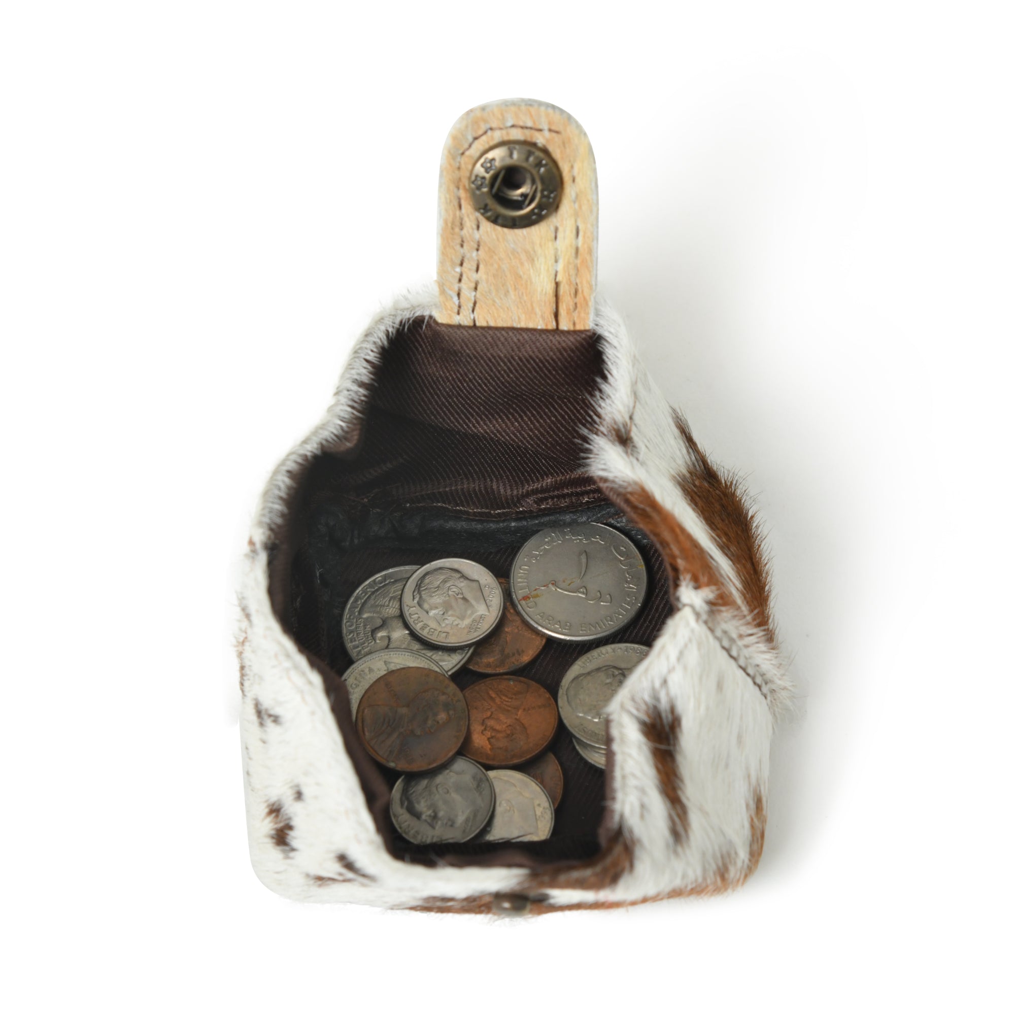 Stylish brown and white top grain leather coin pouch open and filled with coins. Comes in a 2-pack.