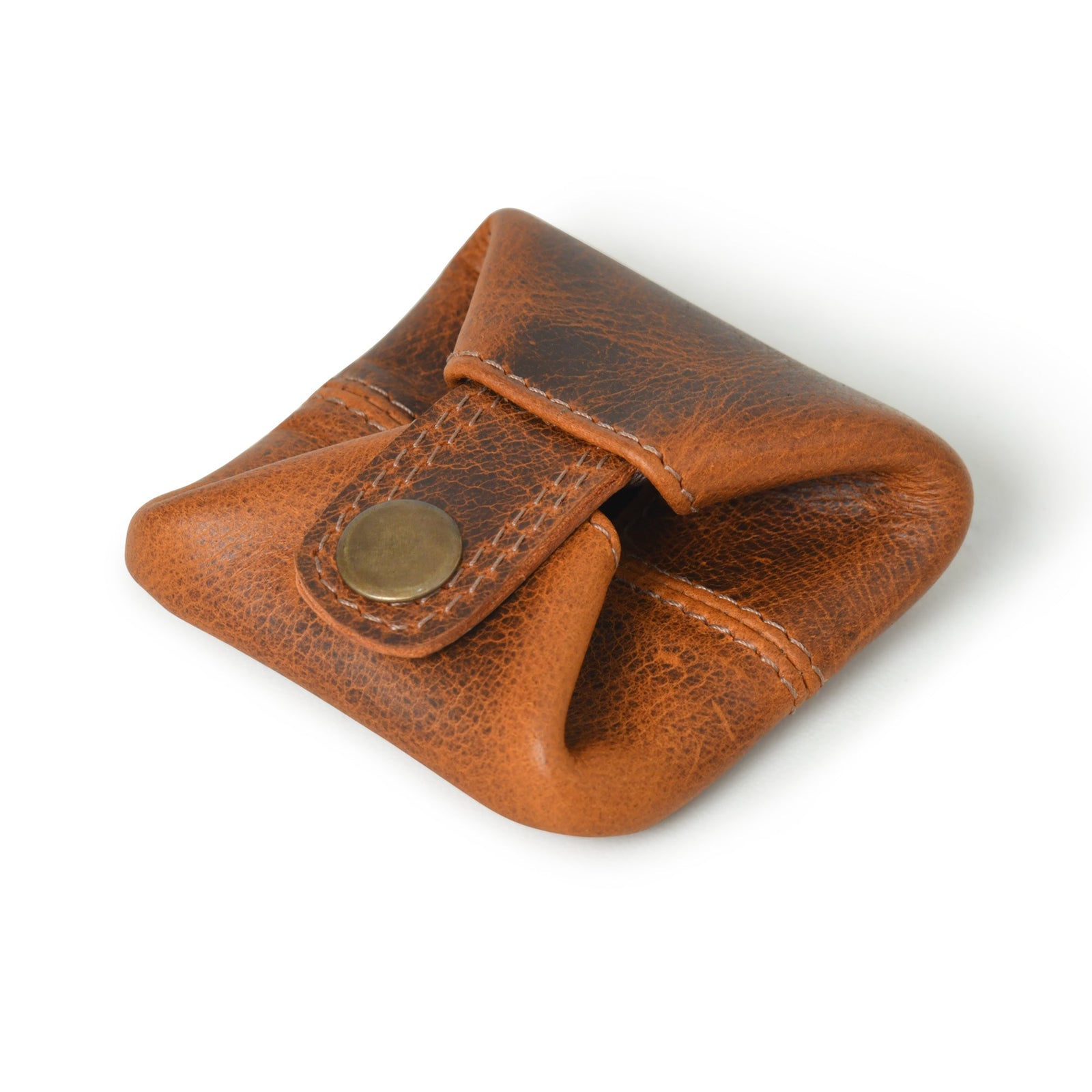 Slim, vintage brown leather coin purse with a secure snap closure, perfect for men and women.