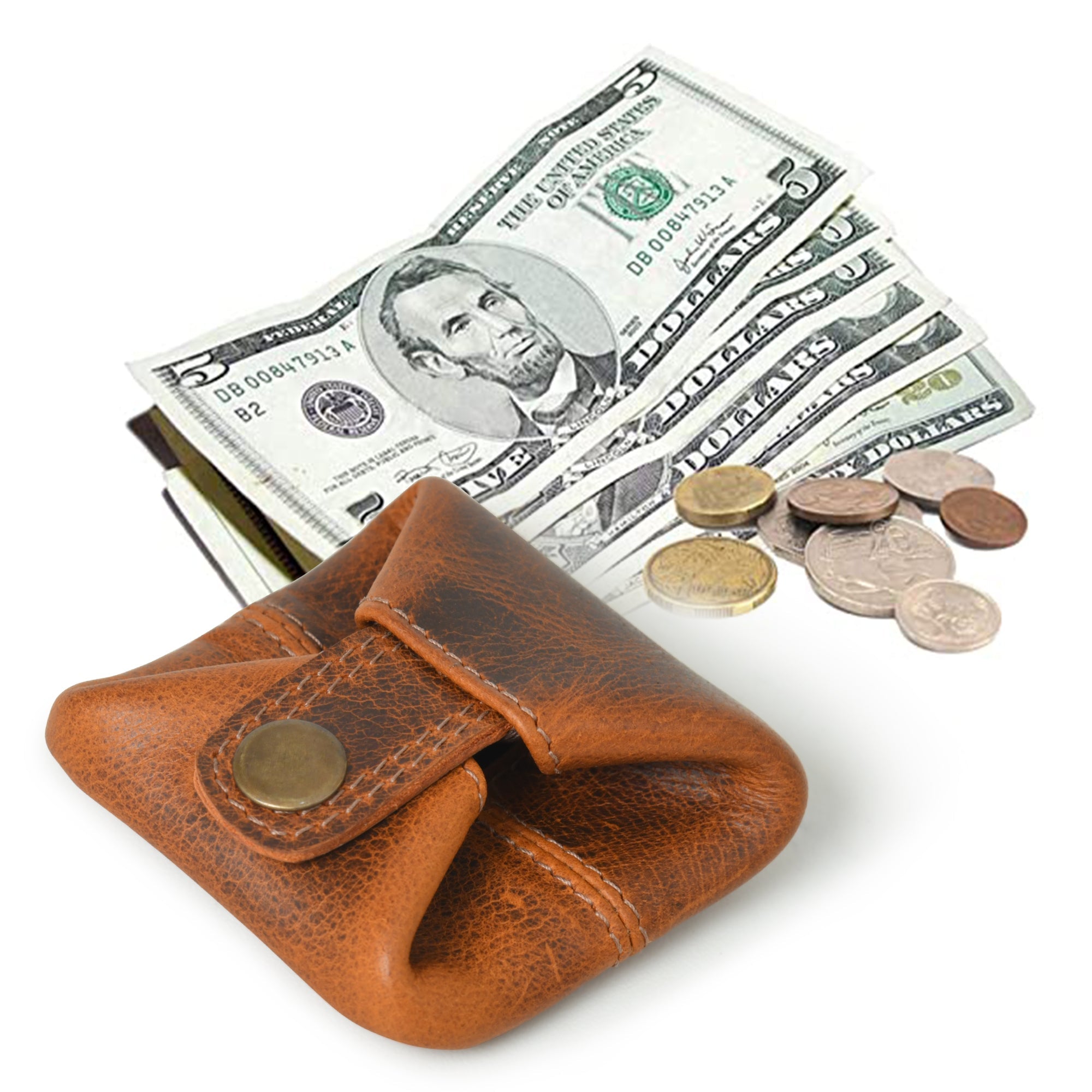 Small brown leather coin purse with antique brass closure, shown holding US currency.