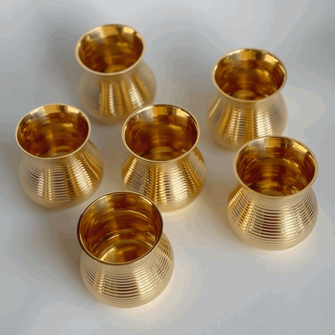 Brass Glass Tumbler Set - 250 ml | Handcrafted Golden Brass Glasses for Serving | Set of 6