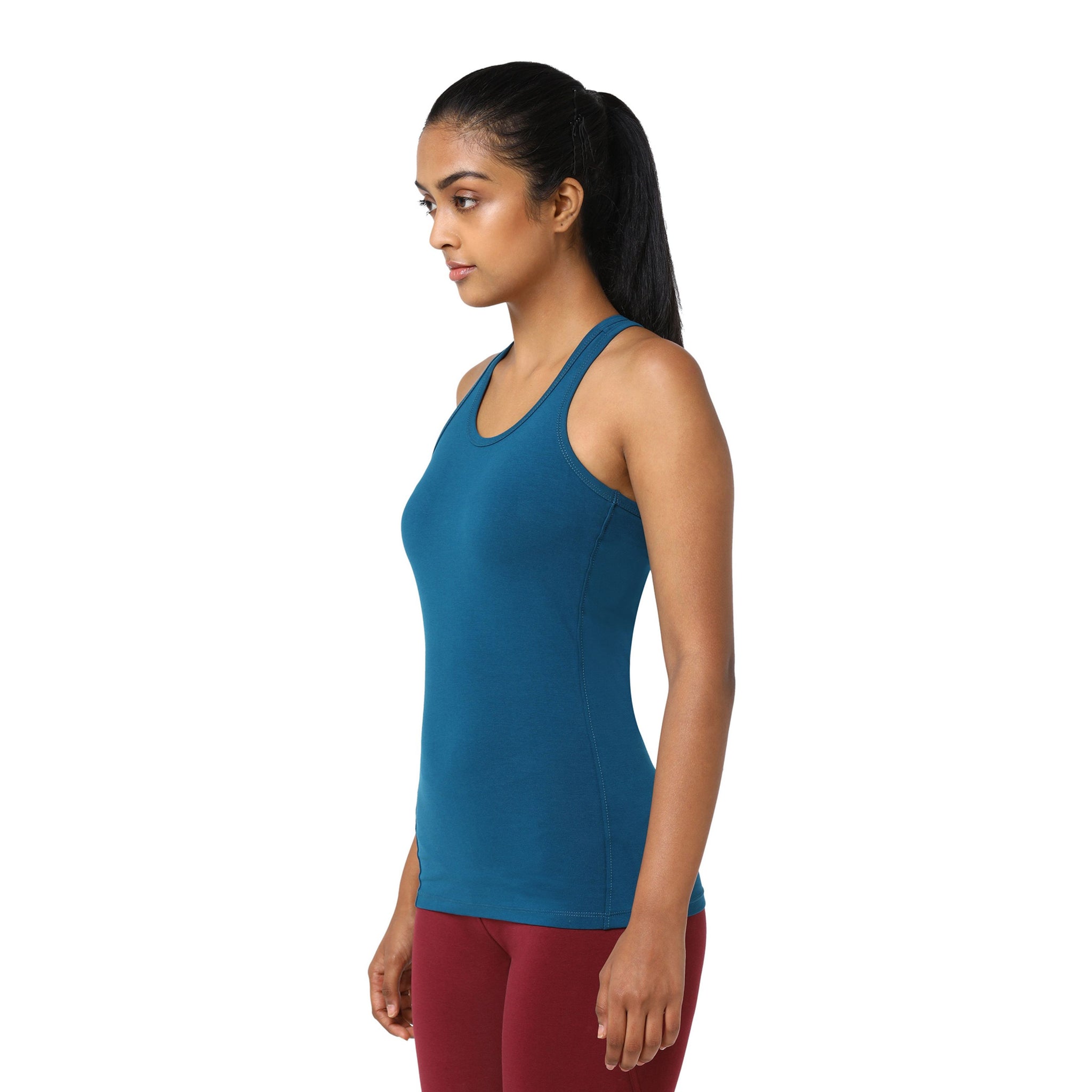 Chin Fitted Racer Back Tank with Organic Cotton | Women's Racerback Yoga Top with Semi-Snug Fit & Reinforced Seams | Seaport Blue