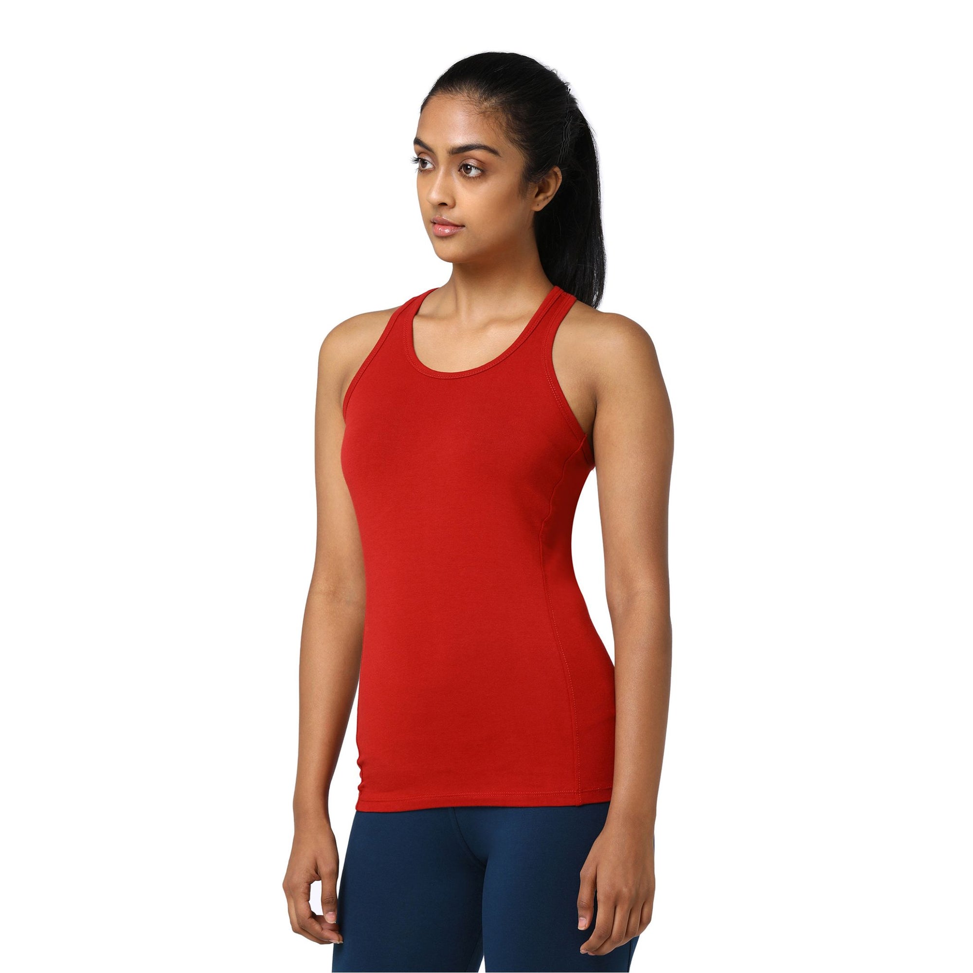 Yoga Racer Back Tank Top with Semi-Snug Fit | Organic Cotton & Lycra® Blend Tank Top with Reinforced Seams | Scarlet