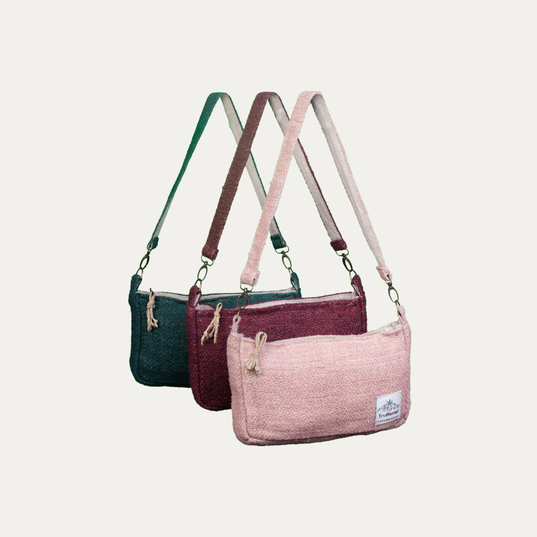 Three stylish Sling Hemp Shoulder Bags for women, shown in forest green, burgundy, and blush pink.