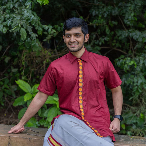 Embroidered Multi Floral Placket, Half Sleeve Shirt, Men's Formal Kerala Shirt, Cotton Shirt Festive Wear (Size 40, Maroon)