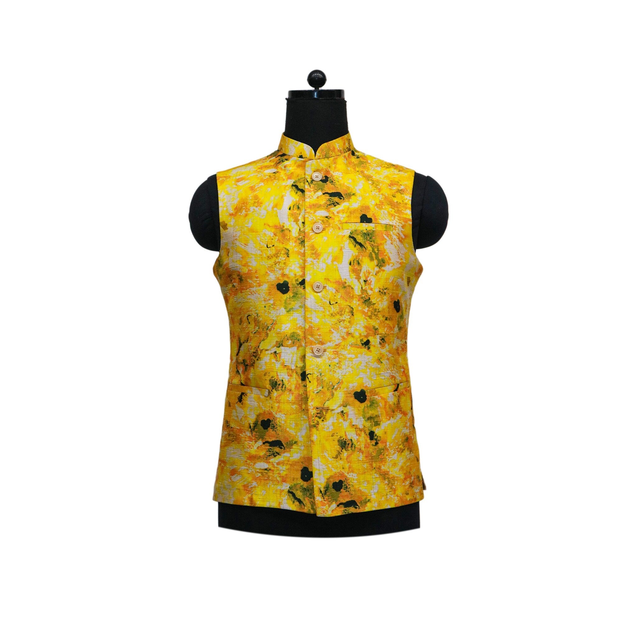 Yellow floral print Nehru jacket, an Indian ethnic party wear, displayed on a mannequin.