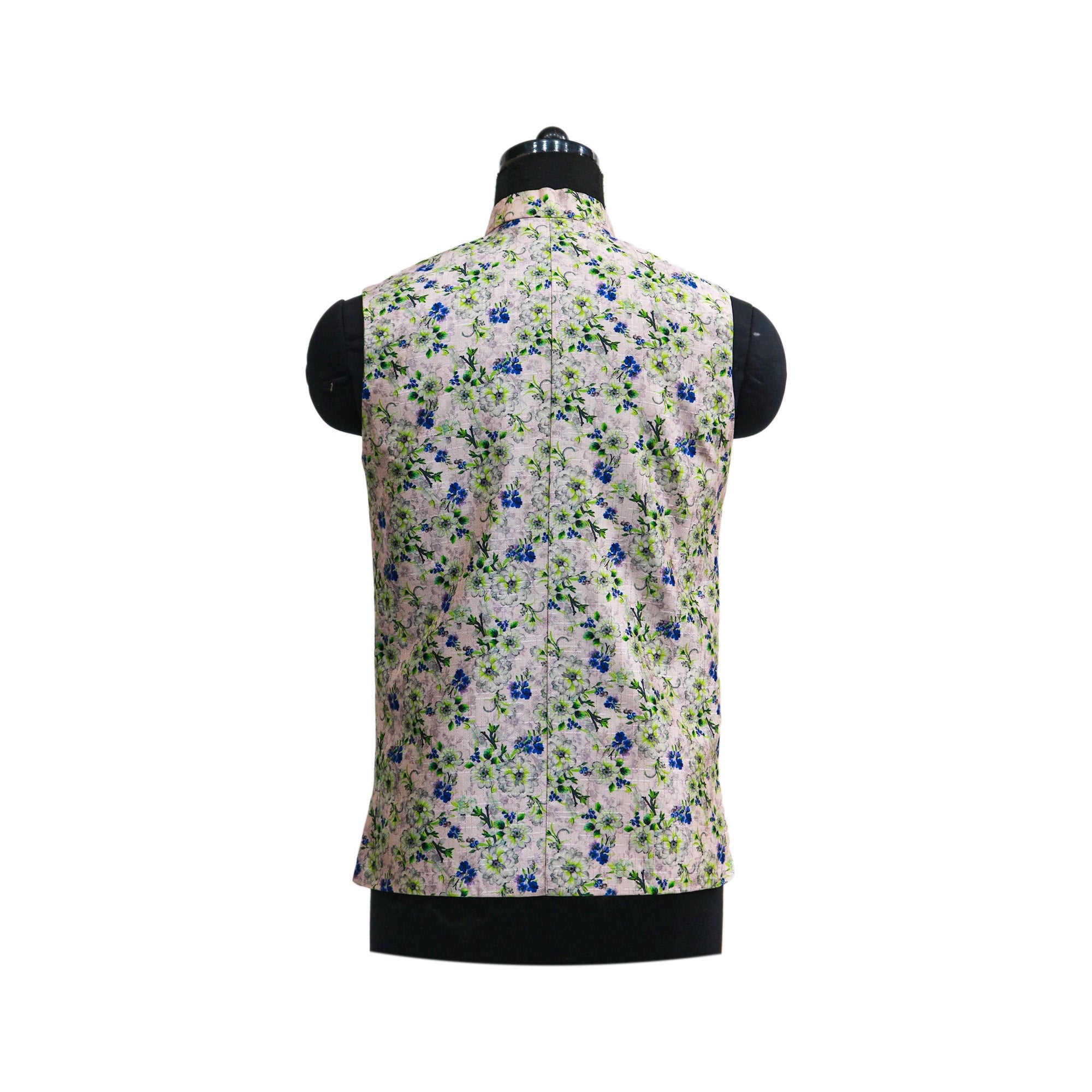 Handmade floral Nehru jacket, back view, showcasing the blue and green floral pattern on a cream fabric.