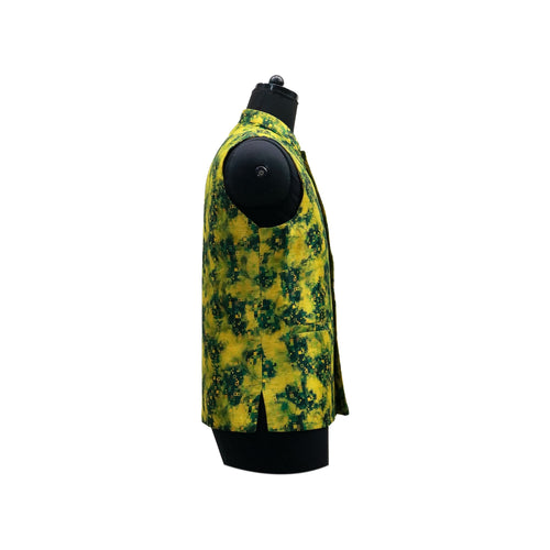 Vibrant Yellow Nehru Jacket with Green Abstract Print | Bold Sleeveless Vest for Weddings & Cultural Events