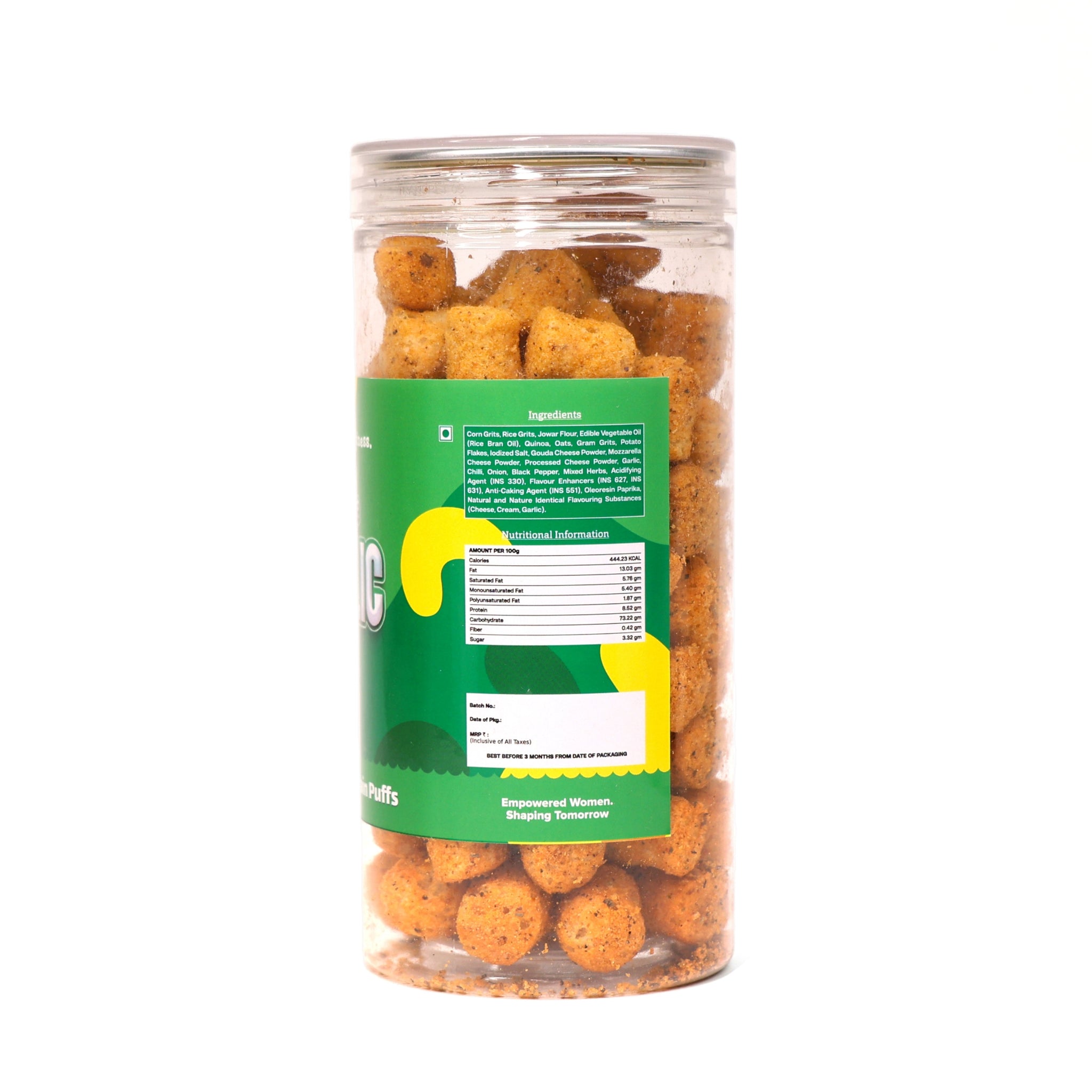 Crack A Nut's Cheese Garlic Roasted Multi-Grain Puffs, Savory & Healthy Snack, Packed with Protein & Low in Sugar, Lightly Roasted Multi-Grain Goodness, Perfect for Cravings & Guilt-Free Indulgence, 100g.