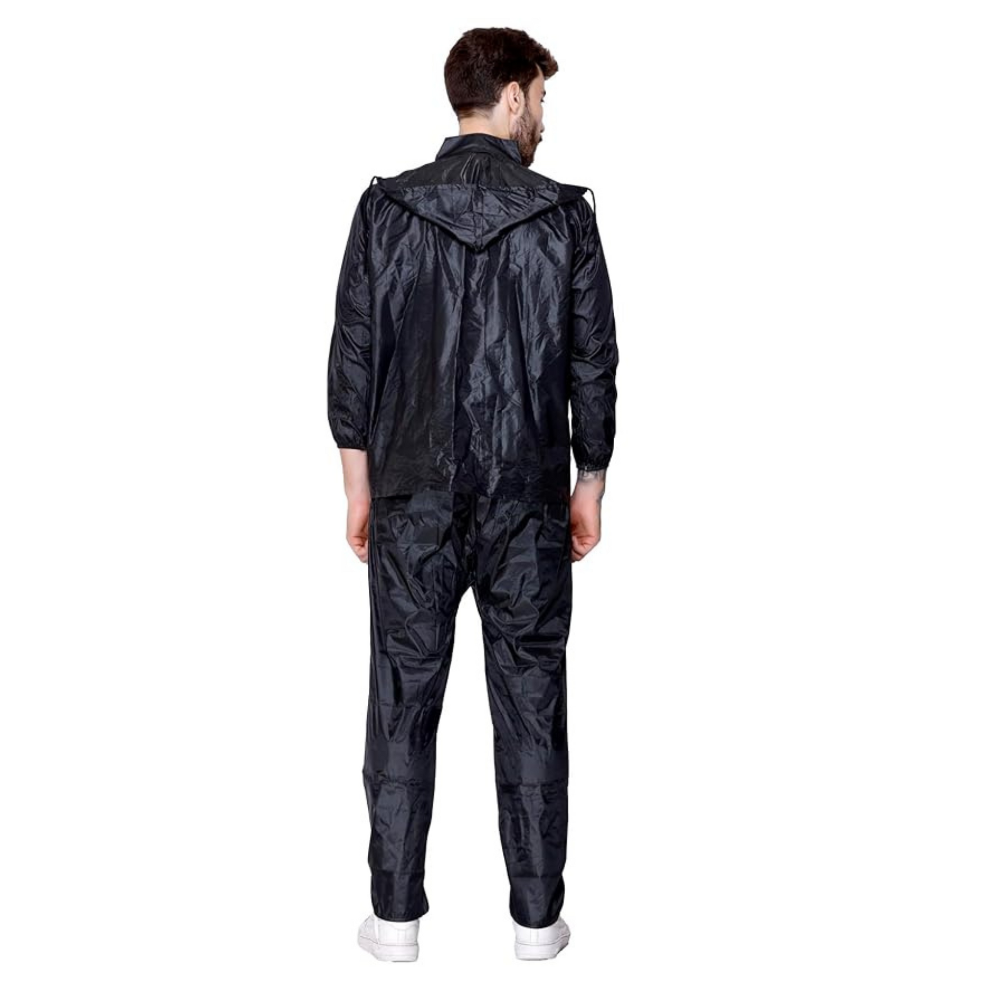 Waterproof Raincoat with Hood & Inner Pocket for Men | Double-Coated Polyester Rain Suit Set with Waterproof Pants & Carrying Pouch (Black)