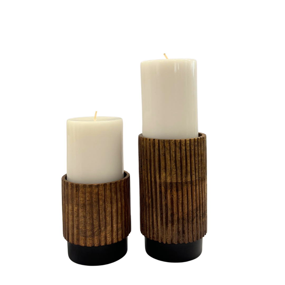 Set of 3 unscented white pillar candles in stylish carved wooden holders, adding a Scandinavian touch to home decor.