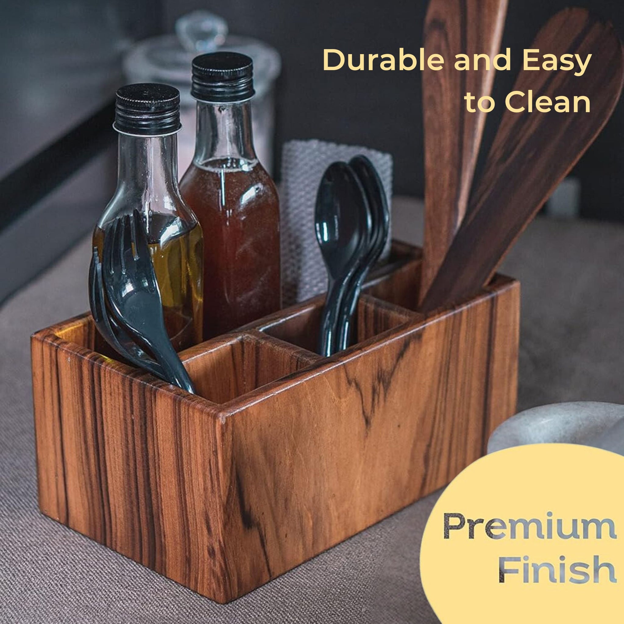 old trunk | Handcrafted Teak Wood Spoon Stand (3+1 Compartment) | Multi-Purpose Organiser | Cutlery Holder For Kitchen and Dining Table