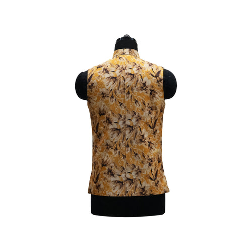 Mustard Nehru Jacket with Brown and Beige Floral Print | Stylish Sleeveless Vest for Weddings & Festive Events