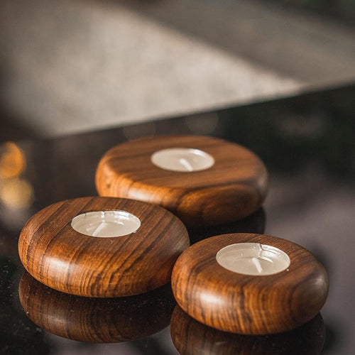 old trunk | Round Tealight Candle Stand(Set of 3) | for Home Decor | Natural Brown | Teak Wood