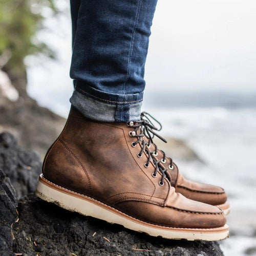 Sundown Trail Tobacco Moc Toe Boots, Comfortable Fit, Handcrafted Detailing, Goodyear Welted, Handcrafted Detailing, Slip-Resistant Sole, Vintage Aesthetic