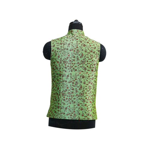 Light Green Nehru Jacket with Brown Floral Print | Stylish Sleeveless Vest for Weddings & Festive Occasions