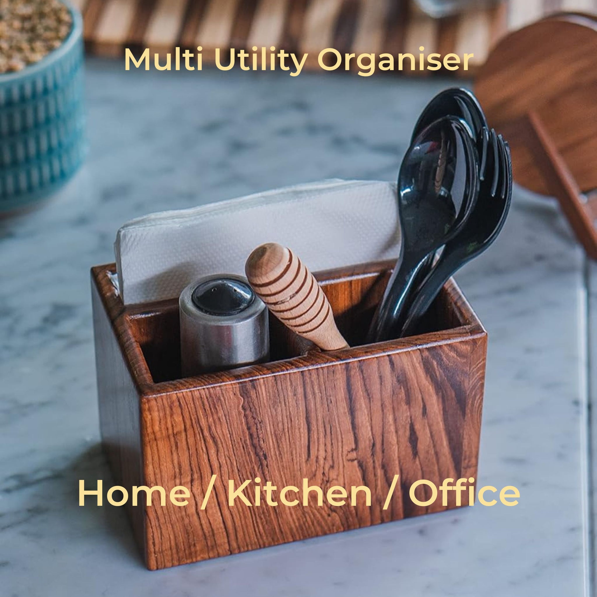 old trunk | Handcrafted Teak Wood Spoon Stand (2+1 Compartment) | Multi-Purpose Organiser | Cutlery Holder For Kitchen and Dining Table