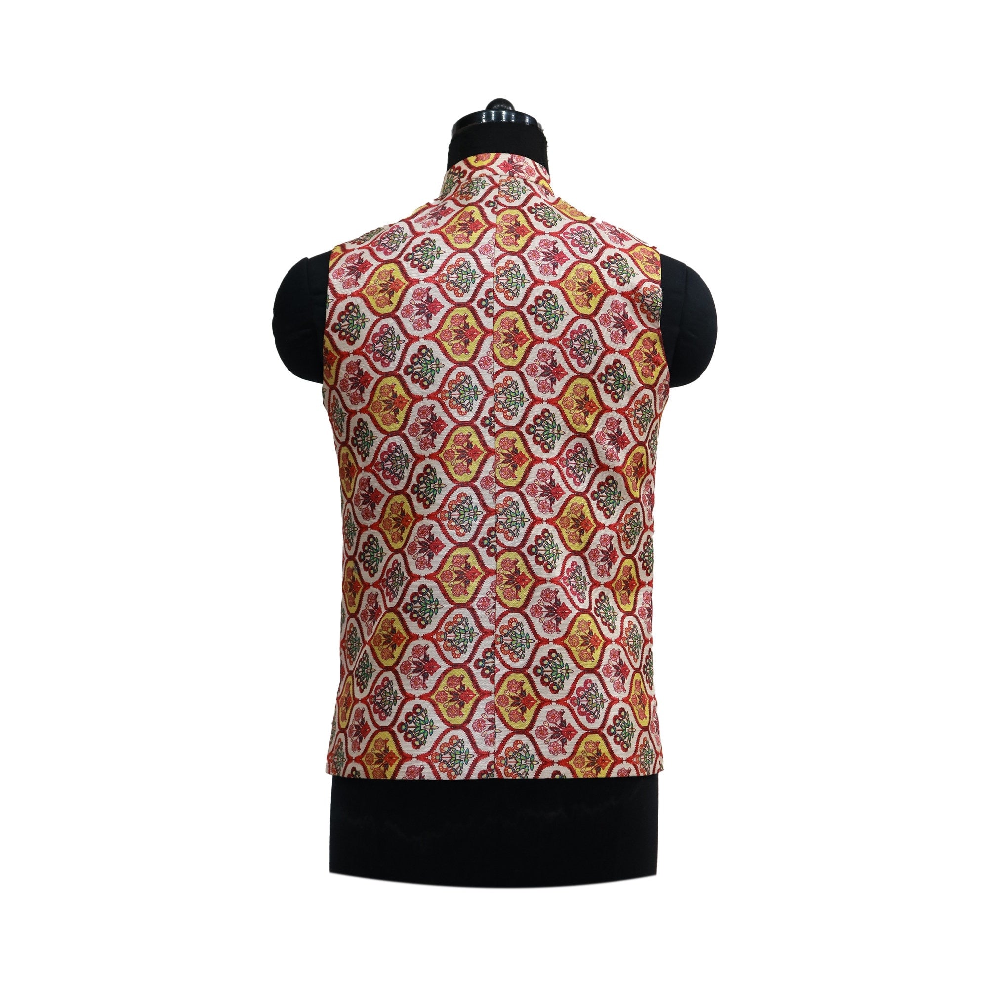 Handmade vintage floral Nehru jacket on mannequin, back view. Red, yellow and cream floral pattern on light fabric.