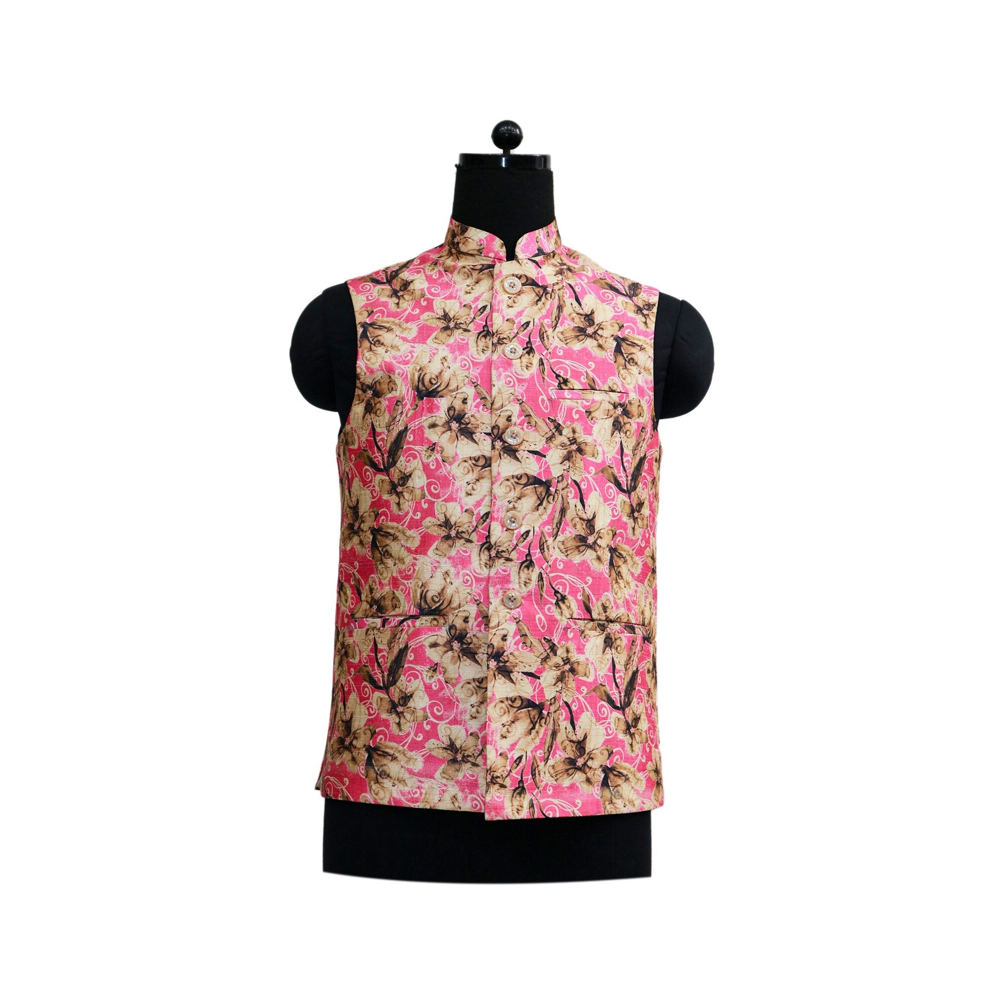 Handmade vintage floral Nehru jacket in pink, perfect for parties, ethnic events, and gifts.