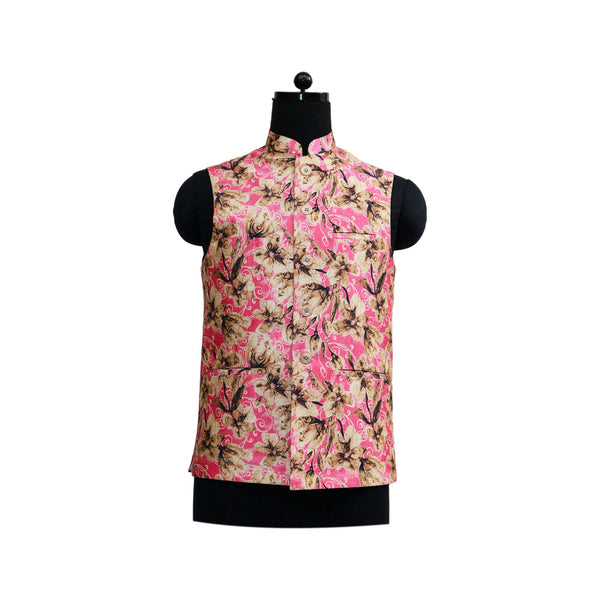 Light Pink Floral Nehru Jacket with Front Pockets | Stylish Sleeveless Vest for Weddings & Festive Occasions