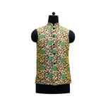 Handmade vintage floral Nehru jacket in gold with green and brown pattern, displayed on a mannequin.